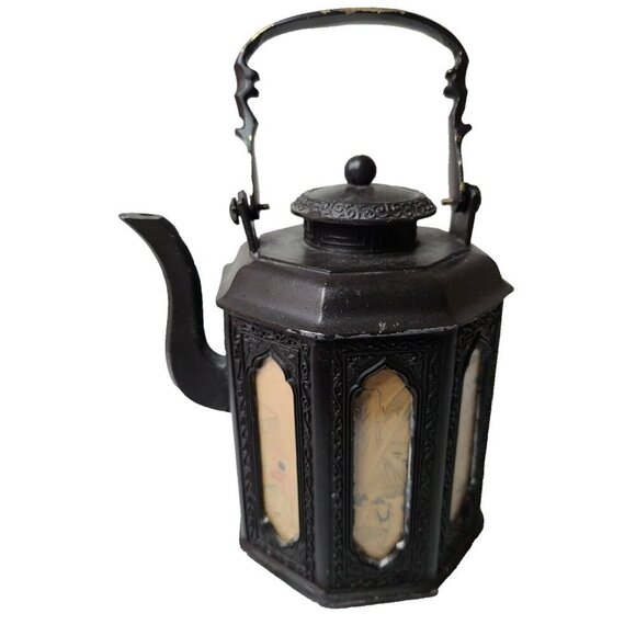Antique 18th Century Cast Iron Asian Teapot Etched Scenic Glass Panel Japan MCM - Picture 1 of 10